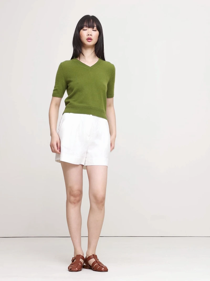Lightweight Cashmere V-Neck Short-Sleeve Sweater