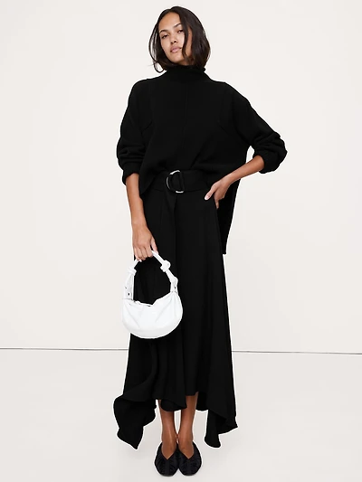 Pebbled Crepe Handkerchief-Hem Long Midi Skirt
