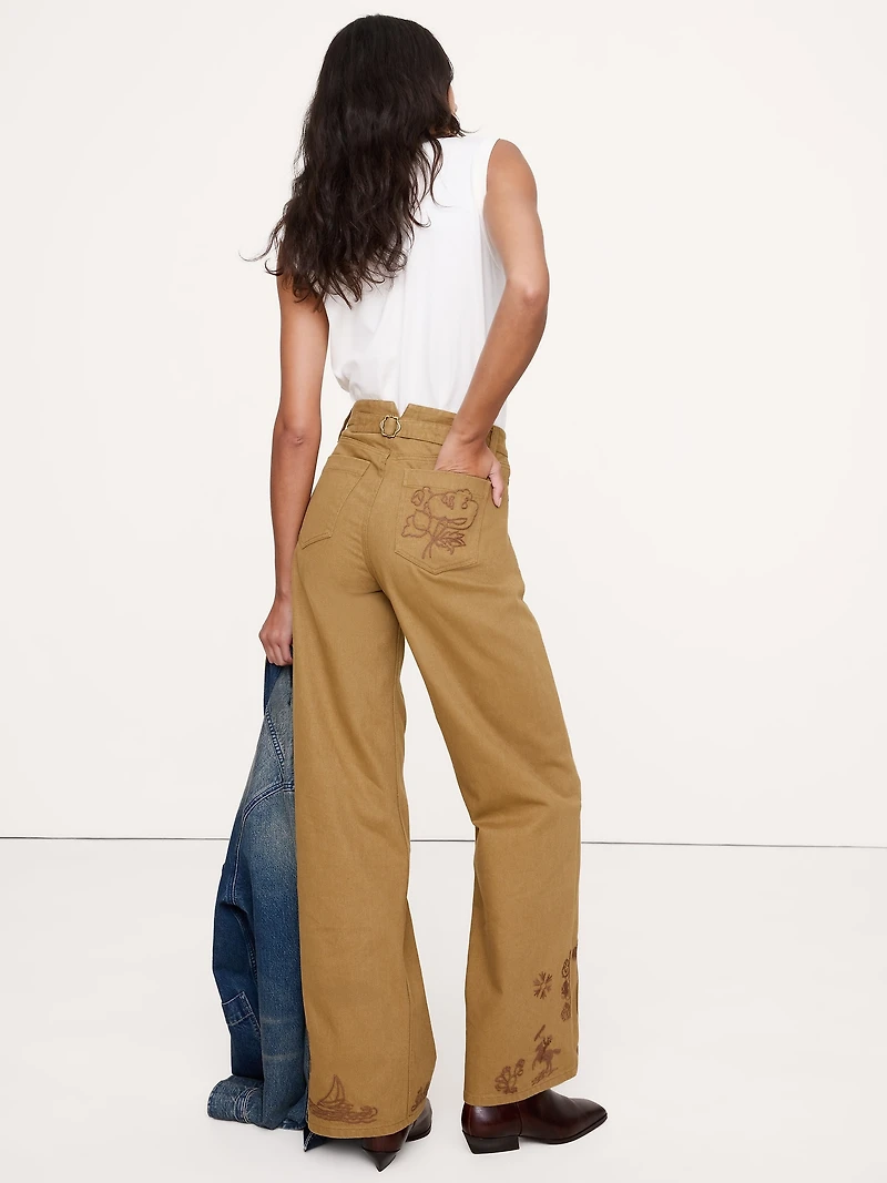 HIGH-RISE EMBROIDERED COTTON CANVAS RELAXED-STRAIGHT PANT