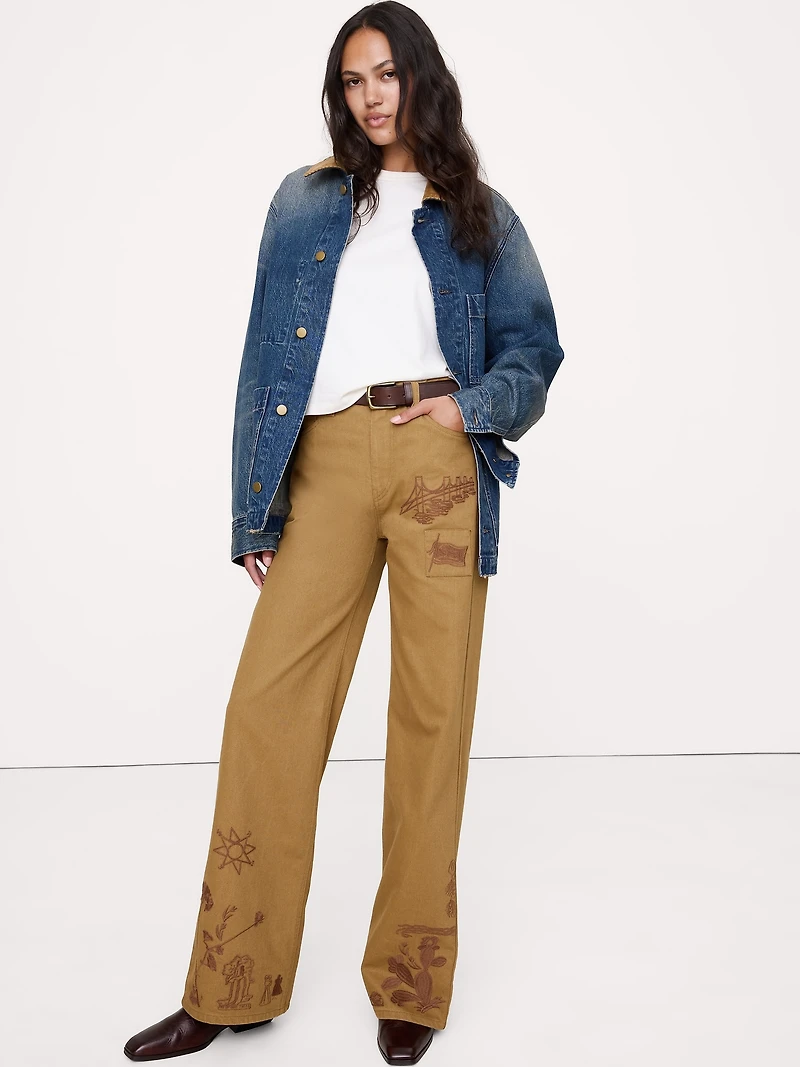 HIGH-RISE EMBROIDERED COTTON CANVAS RELAXED-STRAIGHT PANT