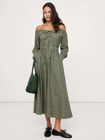 Cotton Poplin Off-The-Shoulder Long Midi Shirt Dress