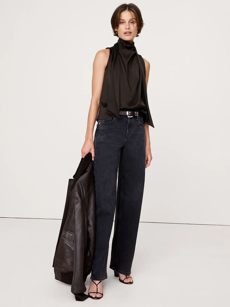 Stretch-Satin Tie-Neck Top
