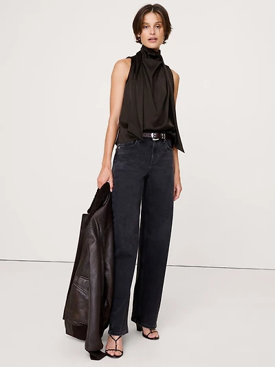 Stretch-Satin Tie-Neck Top