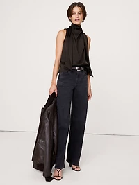 Stretch-Satin Tie-Neck Top