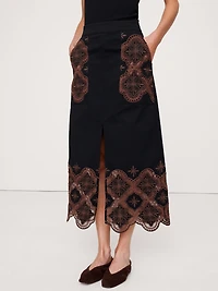 Embroidered Corduroy Midi Skirt