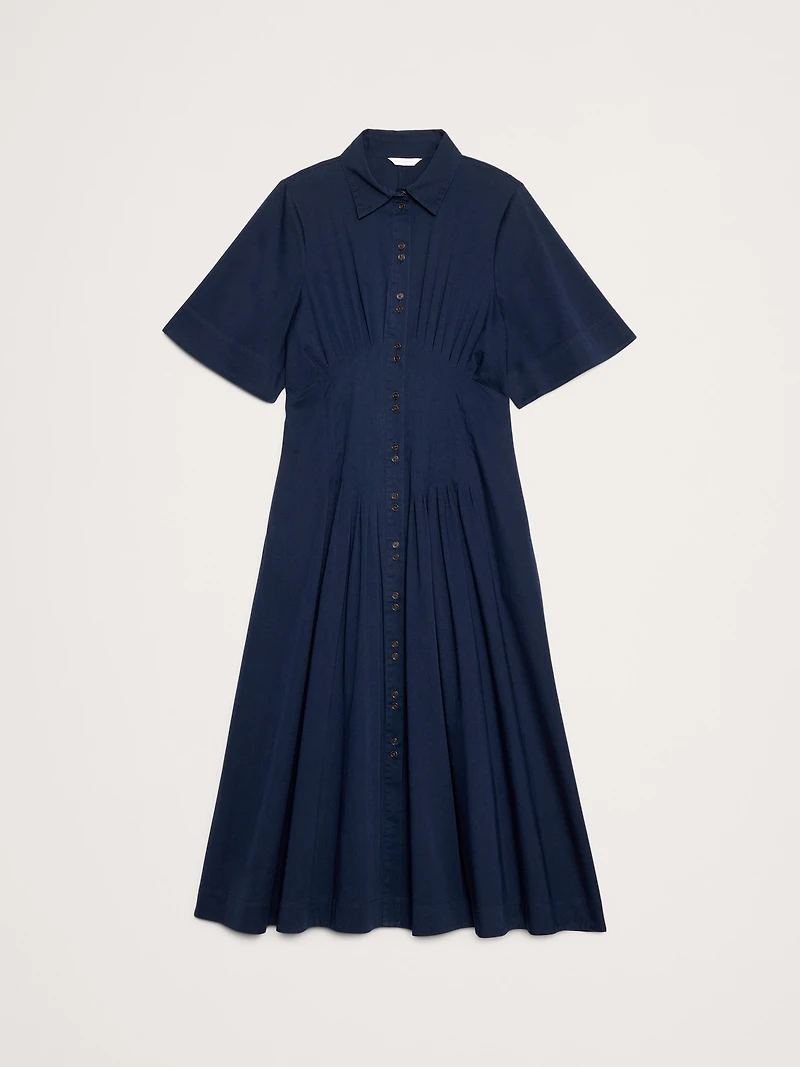 Stretch-Cotton Poplin Pintuck Long-Midi Shirt Dress