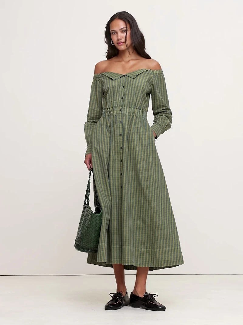 Cotton Poplin Off-The-Shoulder Long Midi Shirt Dress