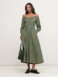 Cotton Poplin Off-The-Shoulder Long Midi Shirt Dress