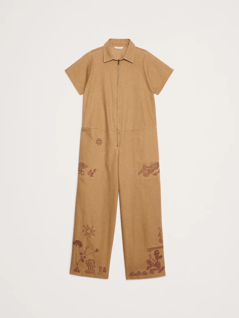 RELAXED EMBROIDERED COTTON CANVAS JUMPSUIT