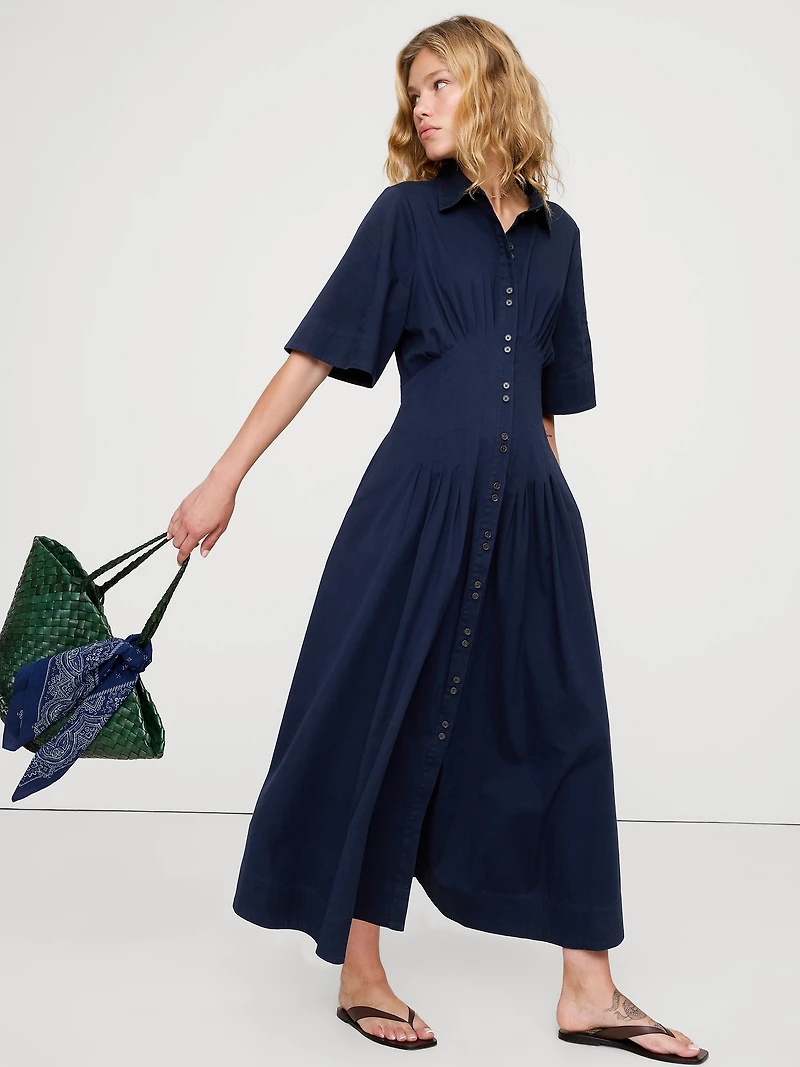 Stretch-Cotton Poplin Pintuck Long-Midi Shirt Dress
