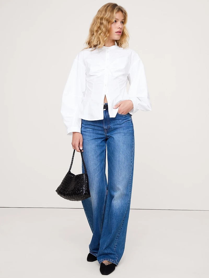 Cotton Poplin Balloon-Sleeve Shirt