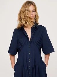 Stretch-Cotton Poplin Pintuck Long-Midi Shirt Dress