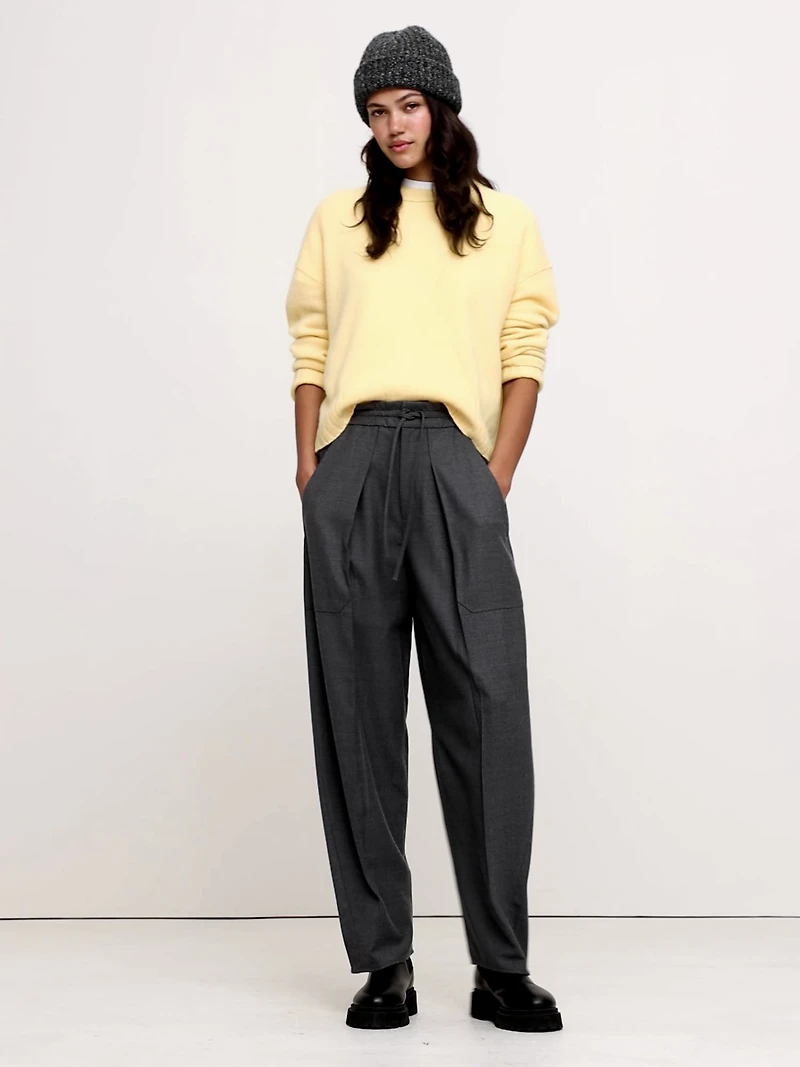 High-Rise Pleated Barrel Flannel Pull-On Pant