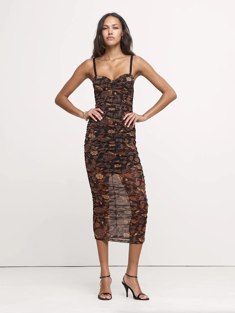 Ruched Mesh Corset Midi Dress