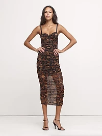 Ruched Mesh Corset Midi Dress