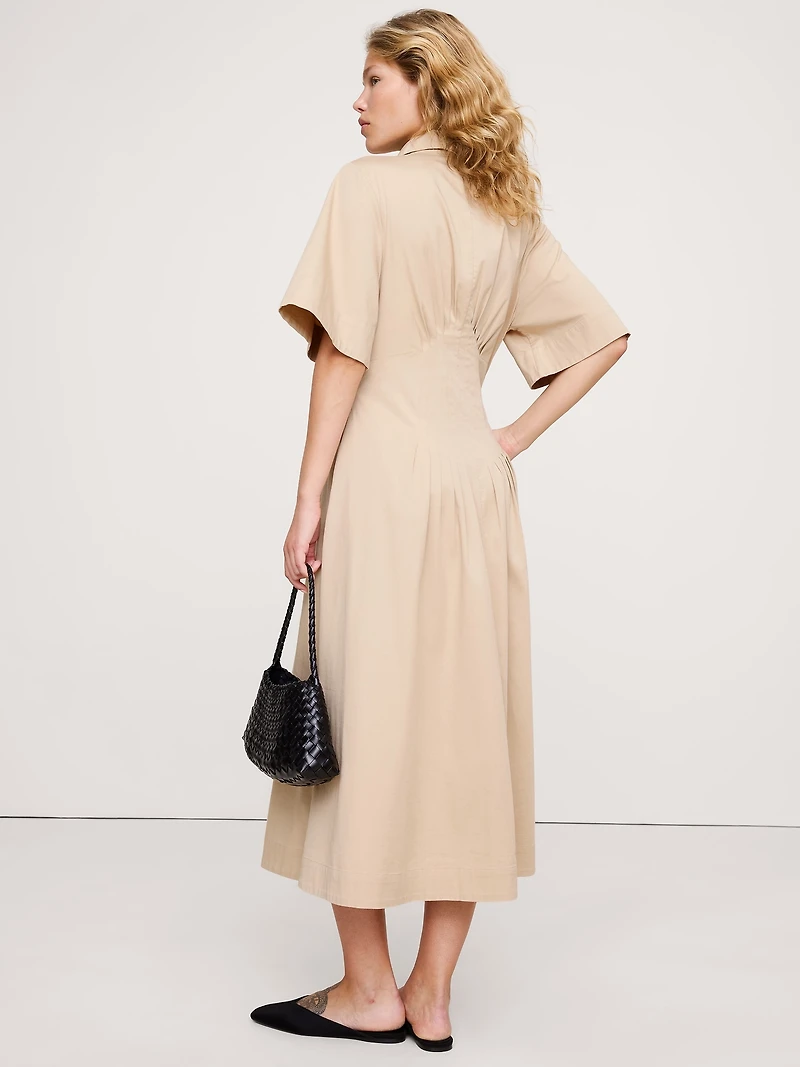 STRETCH-COTTON POPLIN PINTUCK LONG-MIDI SHIRT DRESS