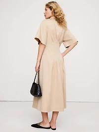 STRETCH-COTTON POPLIN PINTUCK LONG-MIDI SHIRT DRESS