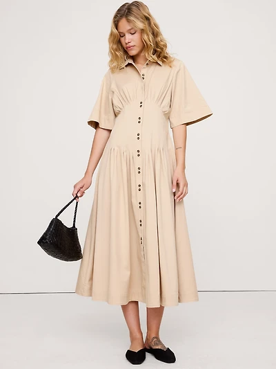STRETCH-COTTON POPLIN PINTUCK LONG-MIDI SHIRT DRESS