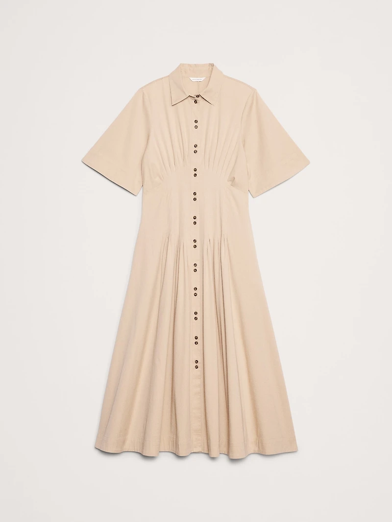 STRETCH-COTTON POPLIN PINTUCK LONG-MIDI SHIRT DRESS