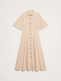 STRETCH-COTTON POPLIN PINTUCK LONG-MIDI SHIRT DRESS