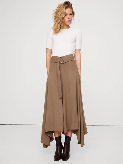 Pebbled Crepe Handkerchief-Hem Long Midi Skirt