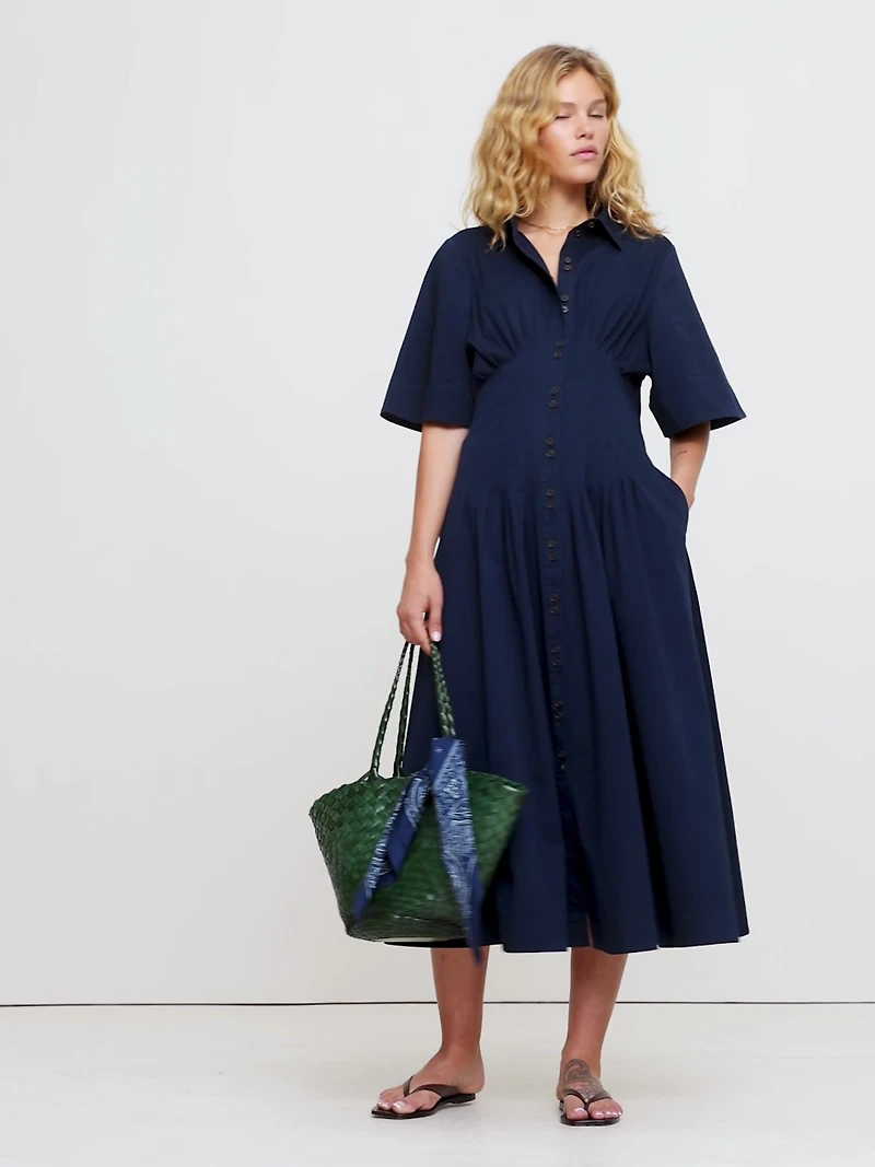 Stretch-Cotton Poplin Pintuck Long-Midi Shirt Dress
