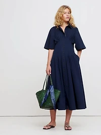 Stretch-Cotton Poplin Pintuck Long-Midi Shirt Dress