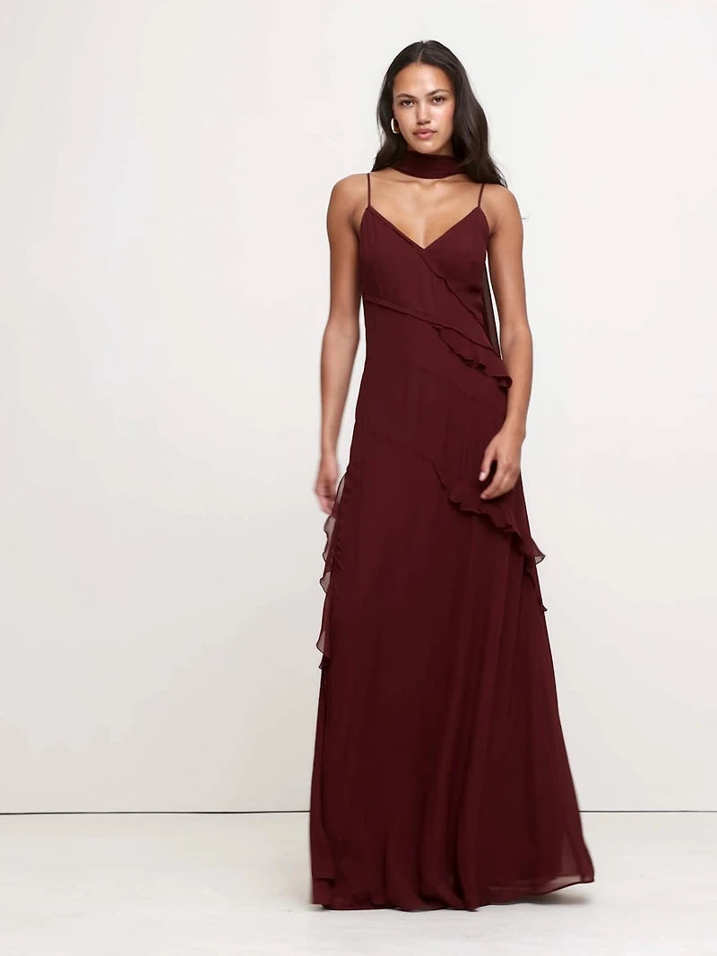 Georgette Ruffle Maxi Dress with Scarf
