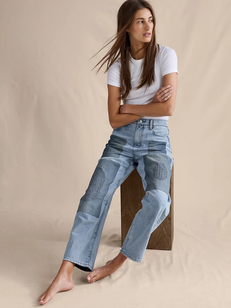 Mid-Rise Barrel Patchwork Ankle Jean