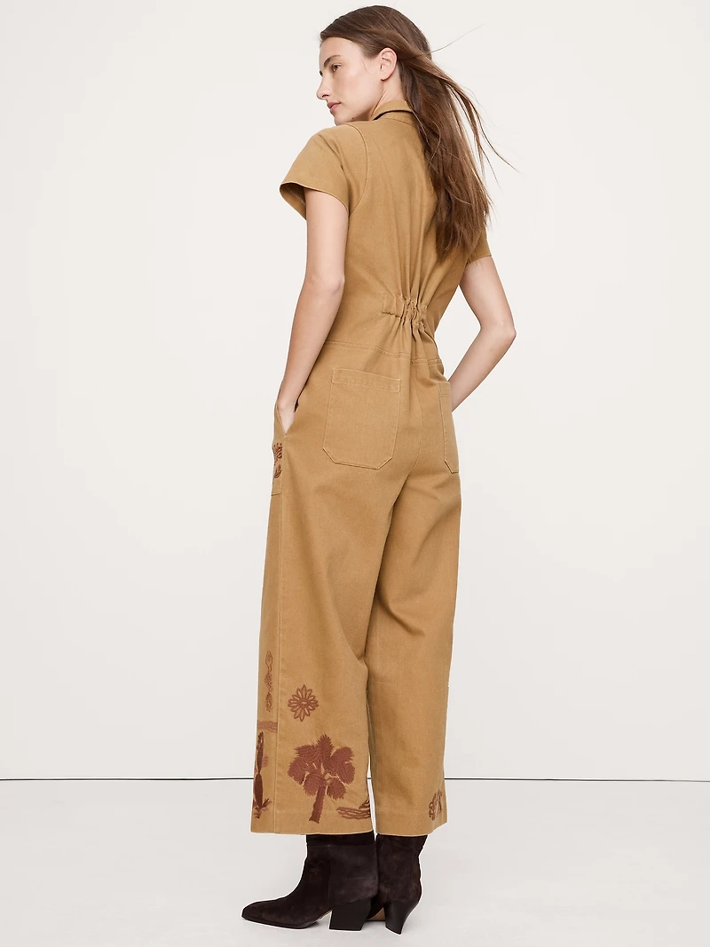RELAXED EMBROIDERED COTTON CANVAS JUMPSUIT