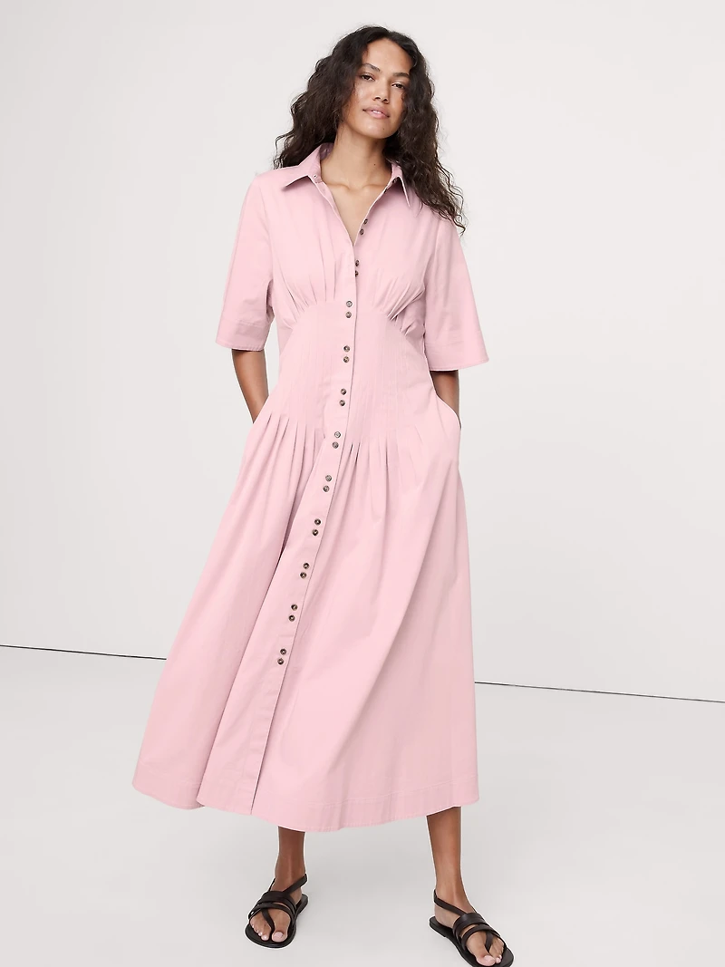 Stretch-Cotton Poplin Pintuck Long-Midi Shirt Dress