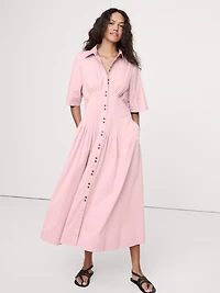 Stretch-Cotton Poplin Pintuck Long-Midi Shirt Dress