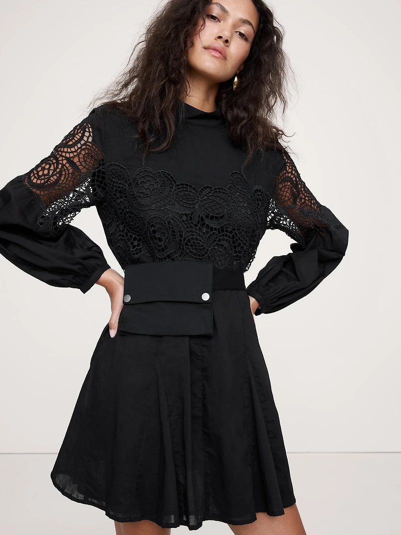COTTON & LACE MOCK-NECK DRESS WITH REMOVABLE BELT BAG