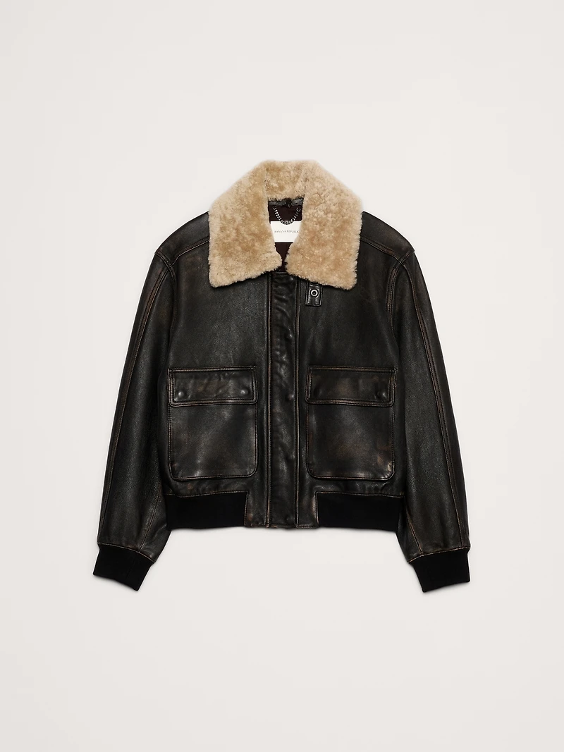 Oversized Distressed Leather Flight Jacket
