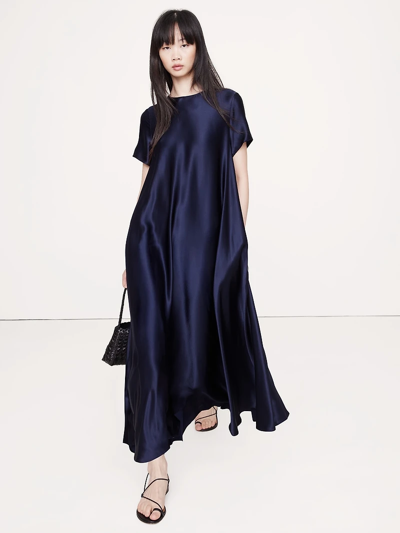 ITALIAN SATIN TRAPEZE LONG MIDI DRESS