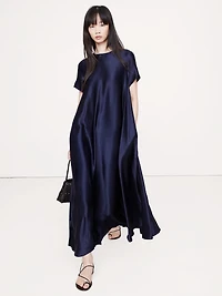 ITALIAN SATIN TRAPEZE LONG MIDI DRESS