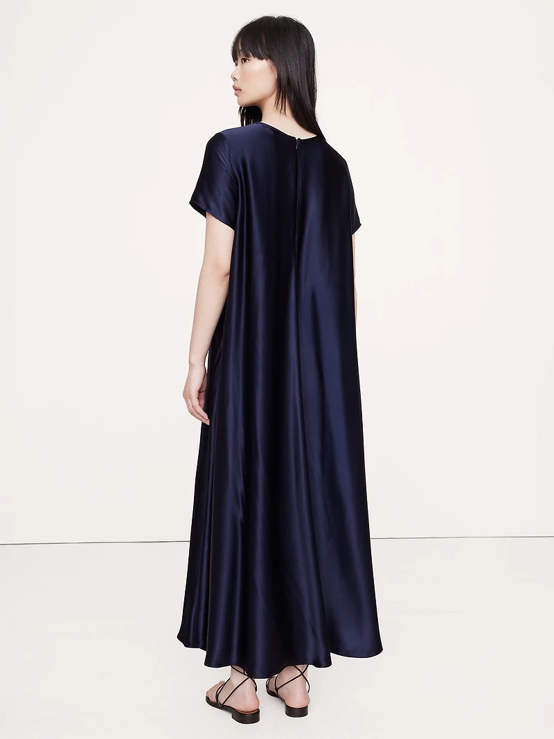 ITALIAN SATIN TRAPEZE LONG MIDI DRESS