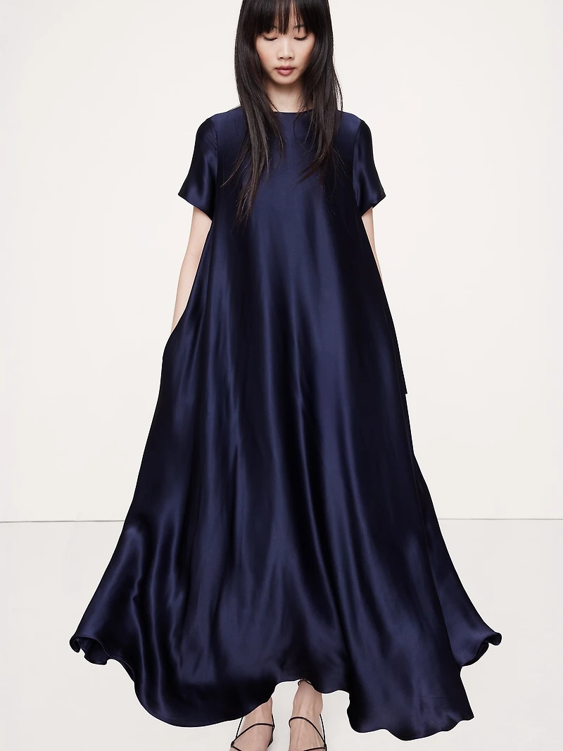ITALIAN SATIN TRAPEZE LONG MIDI DRESS