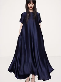 ITALIAN SATIN TRAPEZE LONG MIDI DRESS