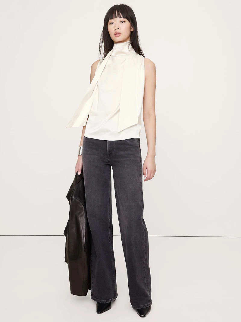 Stretch-Satin Tie-Neck Top