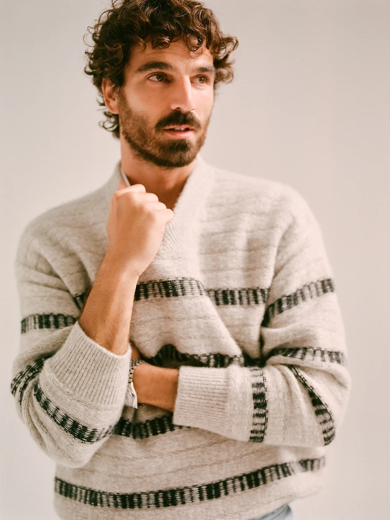 Jacquard Stripe V-Neck Sweater