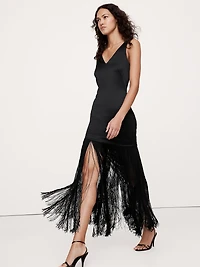 Fringe Stretch-Satin V-Neck Maxi Dress