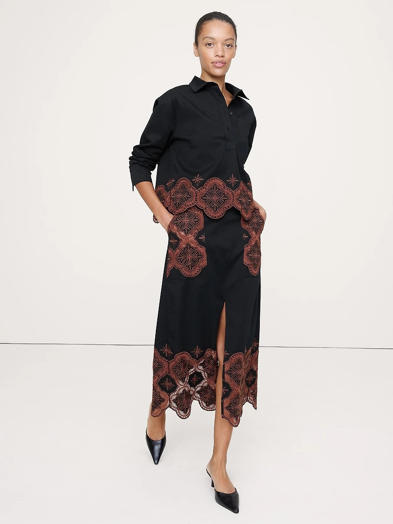 Embroidered Corduroy Midi Skirt