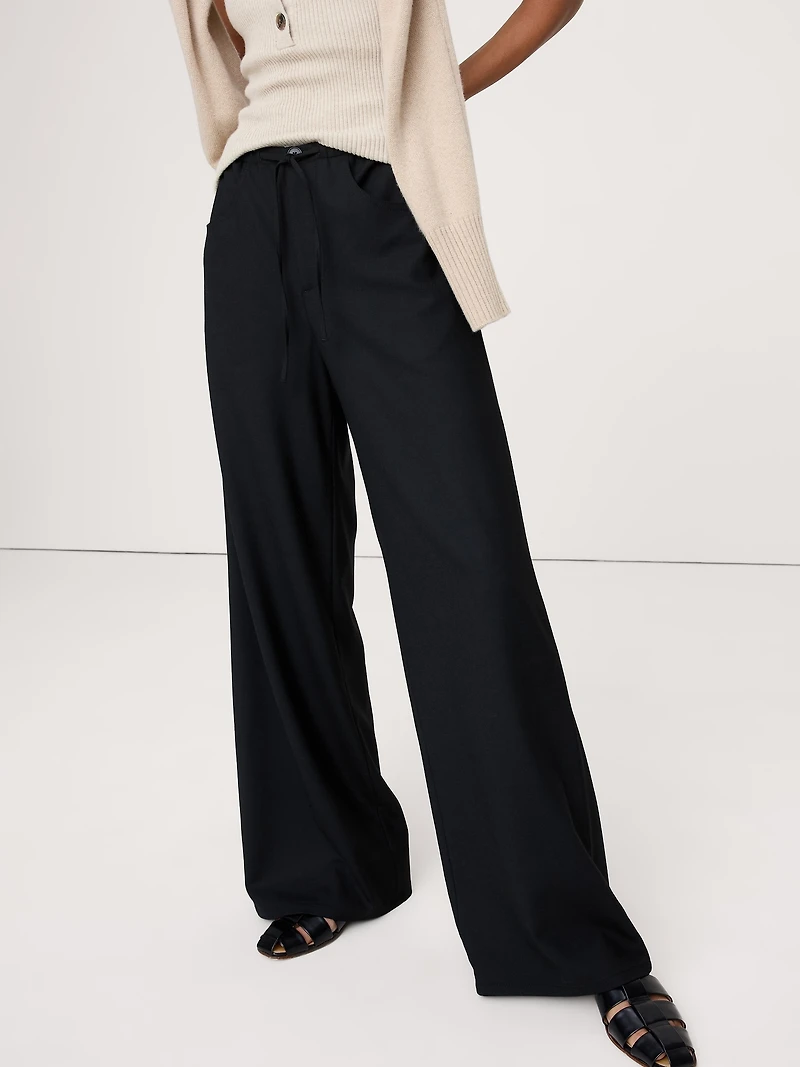 Mid-Rise Wide-Leg Wool-Blend Drawstring Pant