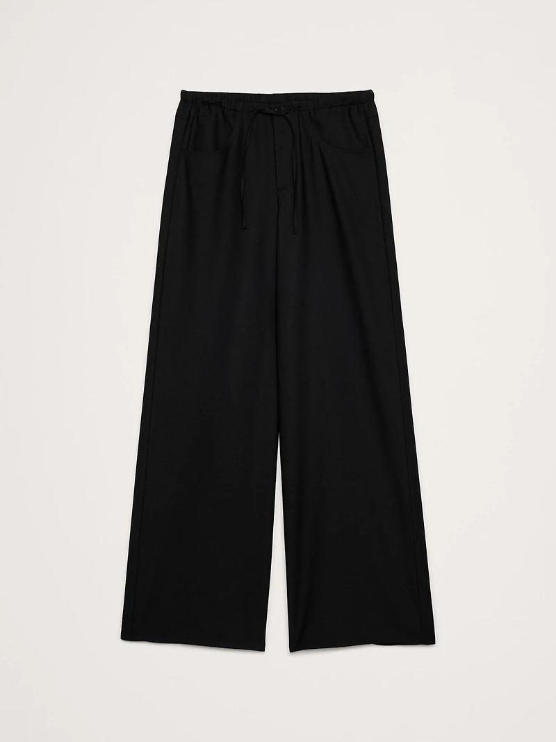 Mid-Rise Wide-Leg Wool-Blend Drawstring Pant