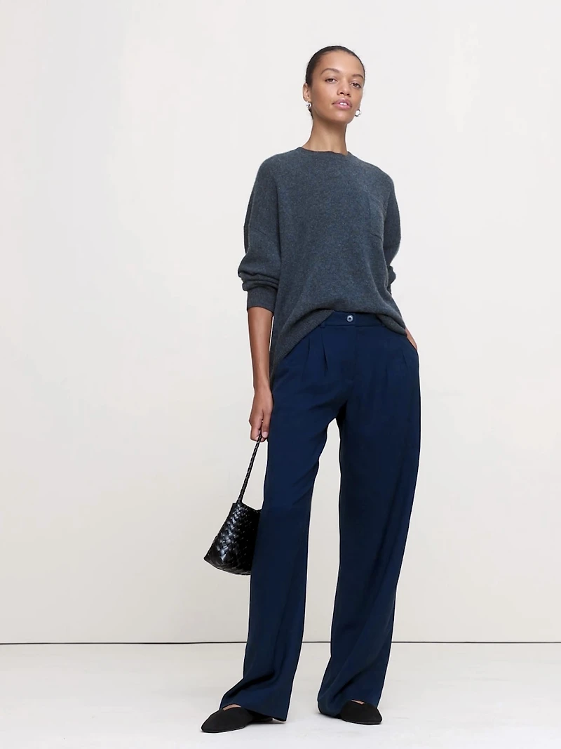 Soho Mid-Rise Pleated Wide-Leg Drapey Twill Pant