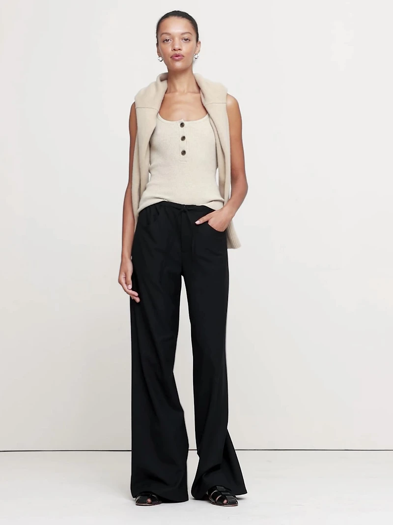 Mid-Rise Wide-Leg Wool-Blend Drawstring Pant