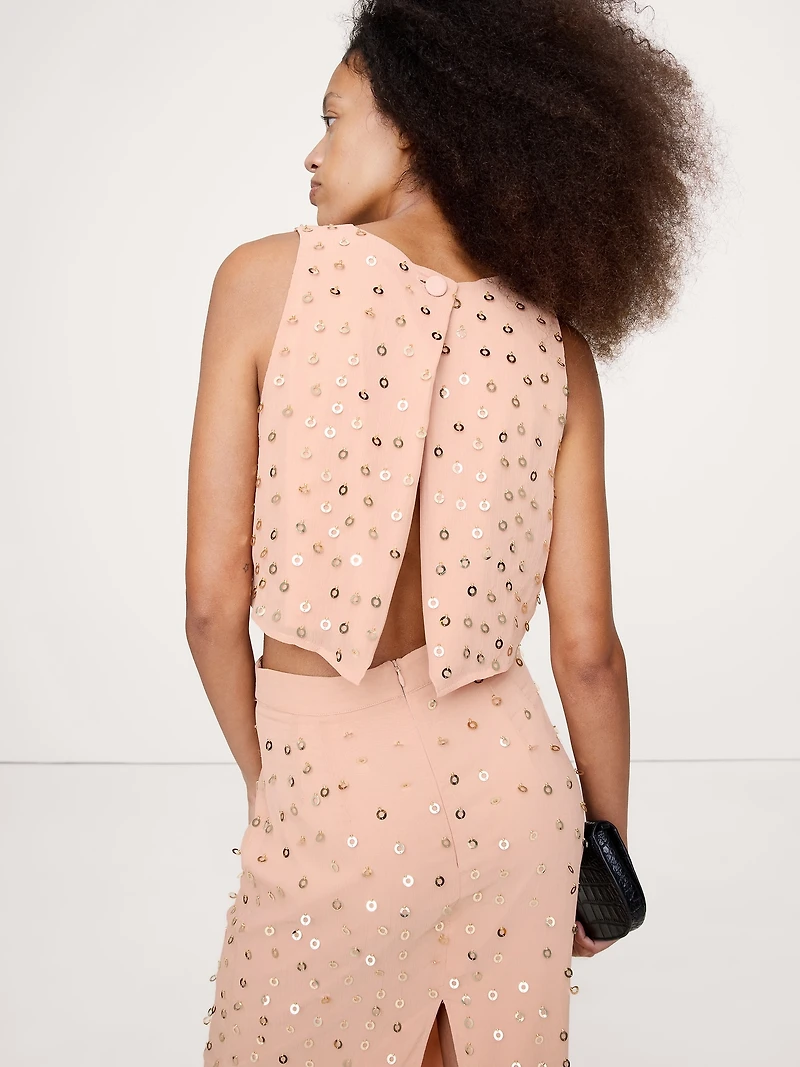 Embellished Chiffon Open-Back Tank