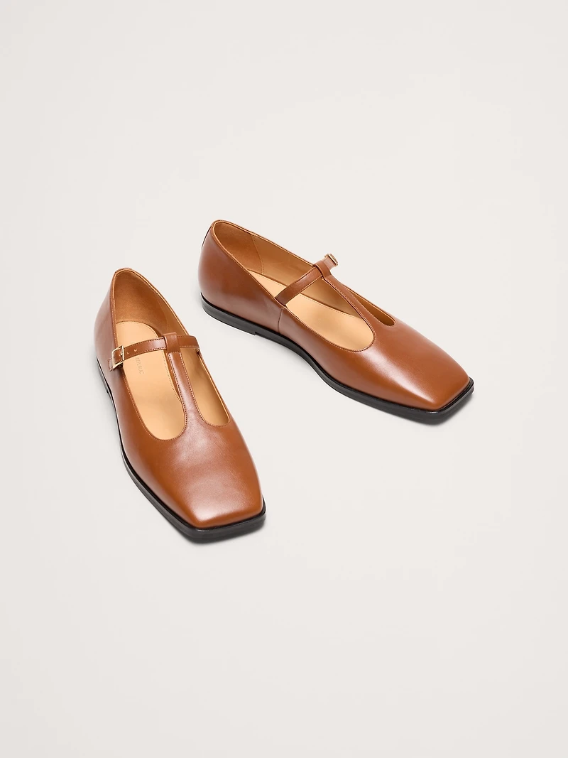 Italian Leather Square-Toe Mary Jane Flats