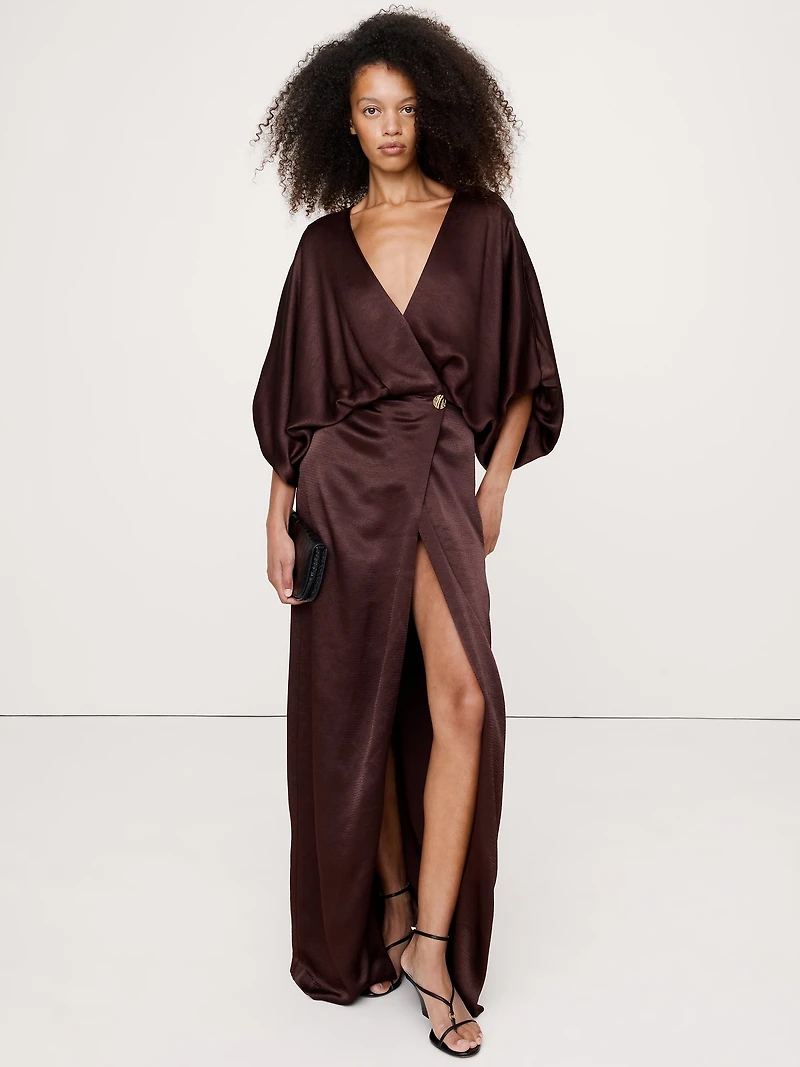Hammered Satin Wrap Maxi Dress